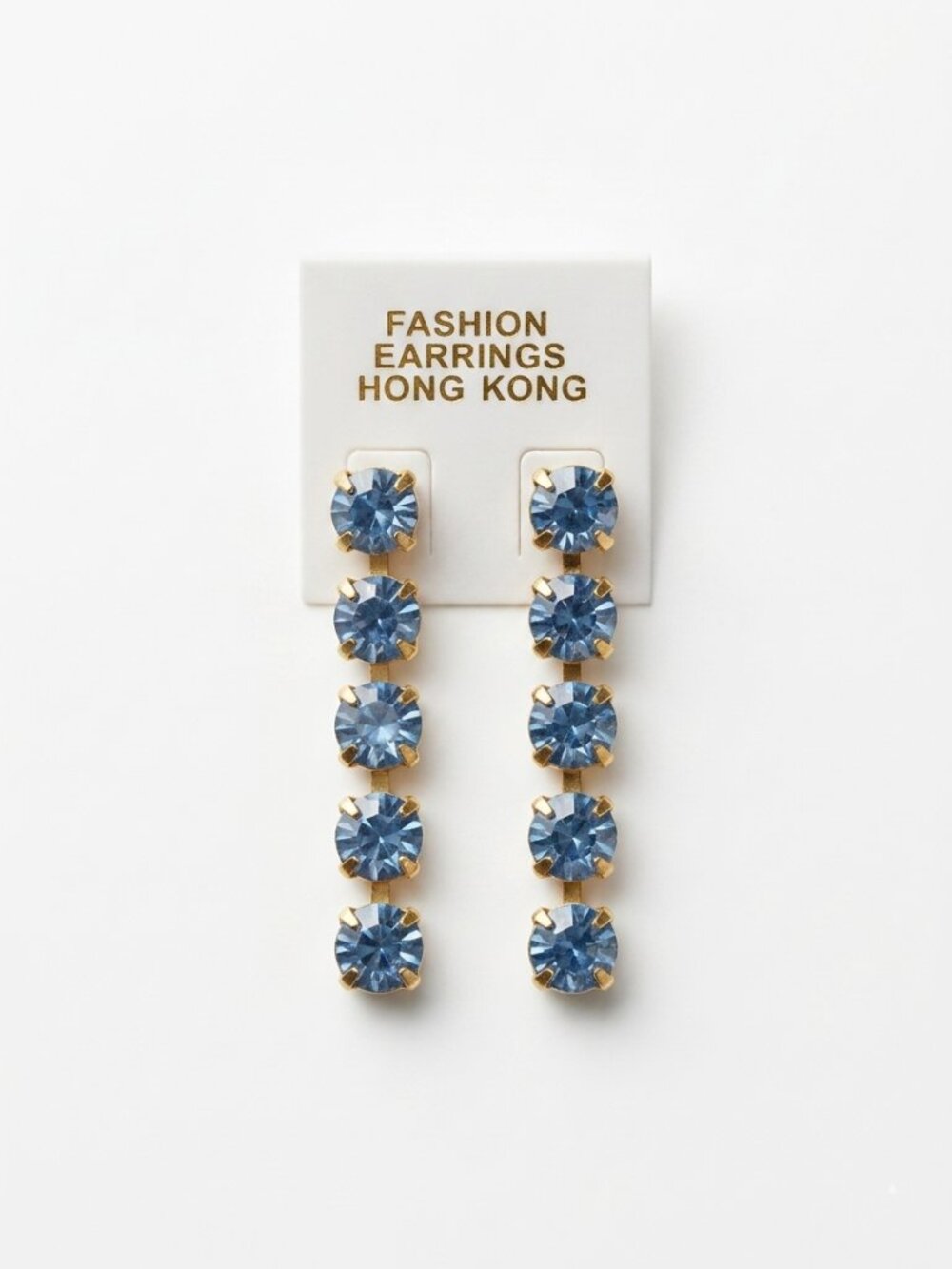 Vintage Hong Kong Light Blue Rhinestone Dangle Drop Earrings